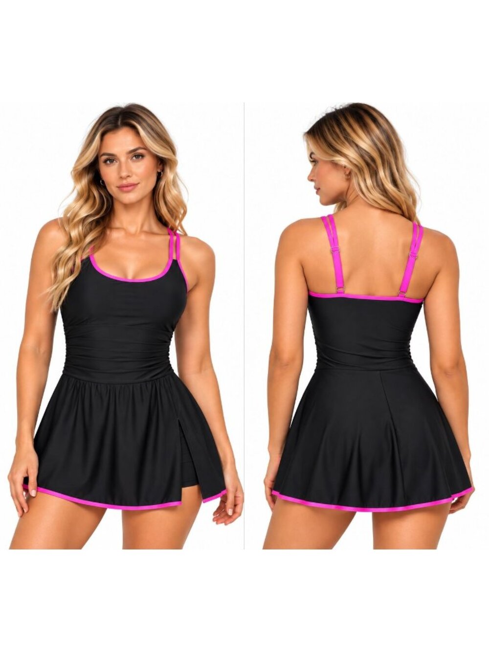 Large Black and Neon Pink Tummy Control Swim Dress with Pockets NWT
